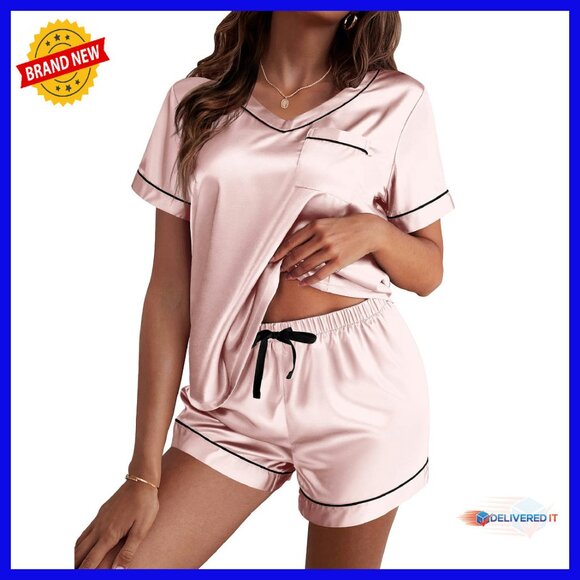 Silk Satin Pajama Set Short Sleeve V-Neck Lounge Sleepwear S-XXL